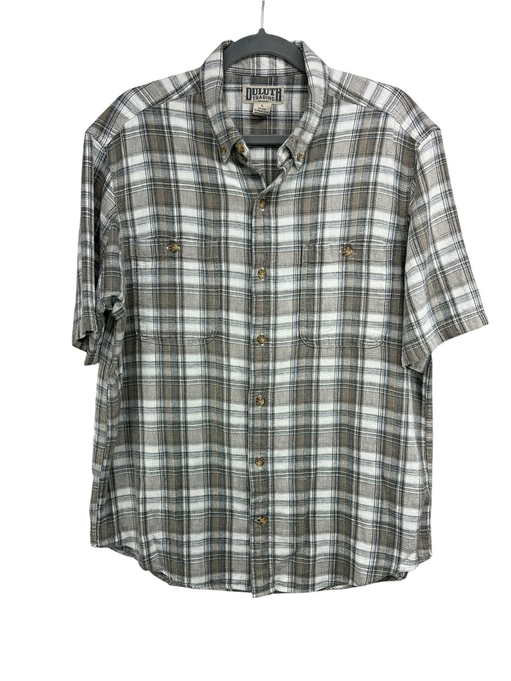 Duluth Trading Company Green Plaid Mens Large Button Down Short Sleeve Cotton